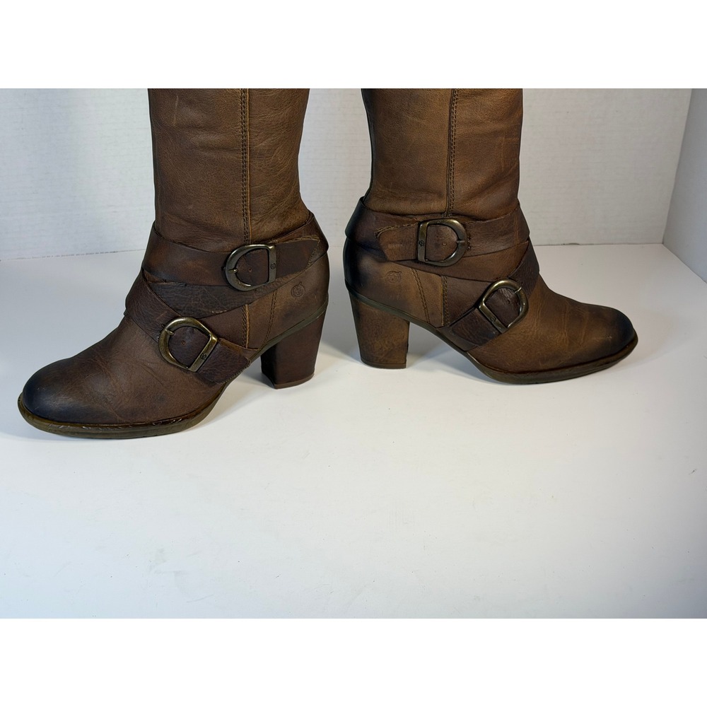 Born Crown Brown Leather Tall Knee High Buckle Moto Boots Block Heel Womens 8 - Picture 6 of 14